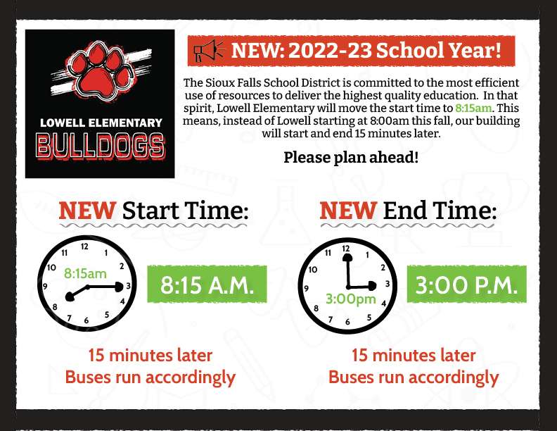 New Start and End Time for 202223 School Year Lowell Elementary School