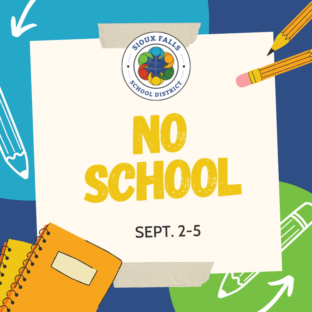 Graphic with school supplies like pencils and notebooks that has the text, "no school September second through fifth." 