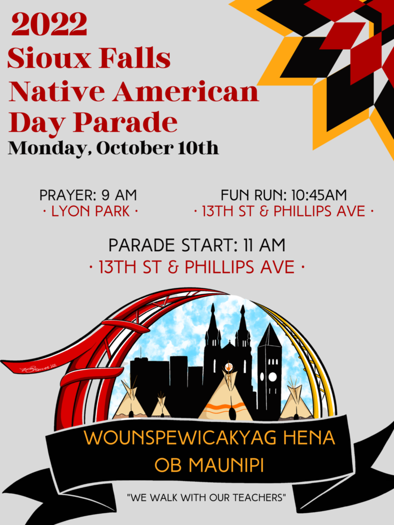 Graphic of the Sioux Falls Native American Day Parade invitation taking place on Monday, October 10, 2022