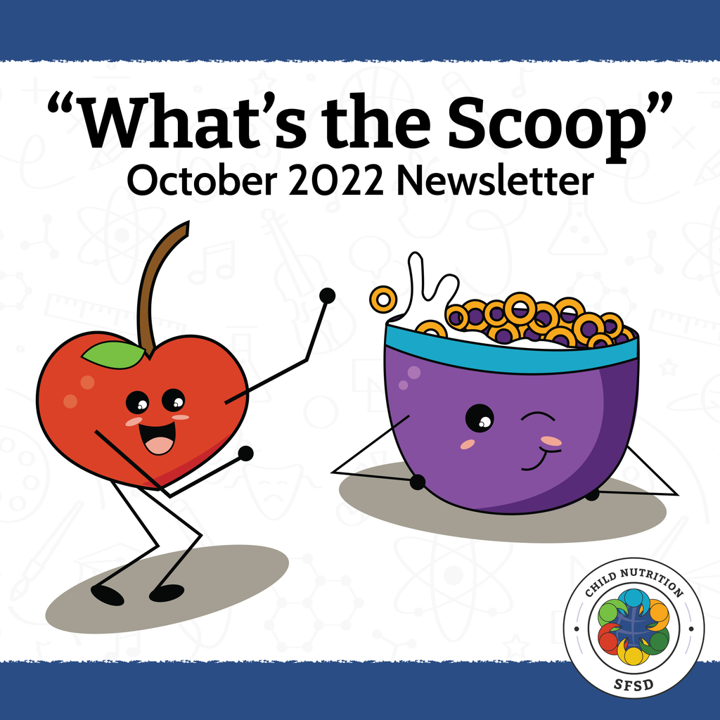 Image of an animated cherry and bowl of cereal with text that says "What's the Scoop" newsletter