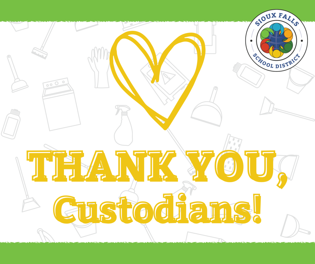 National Custodian Day Image with a yellow heart and text that says, "thank you custodians" 